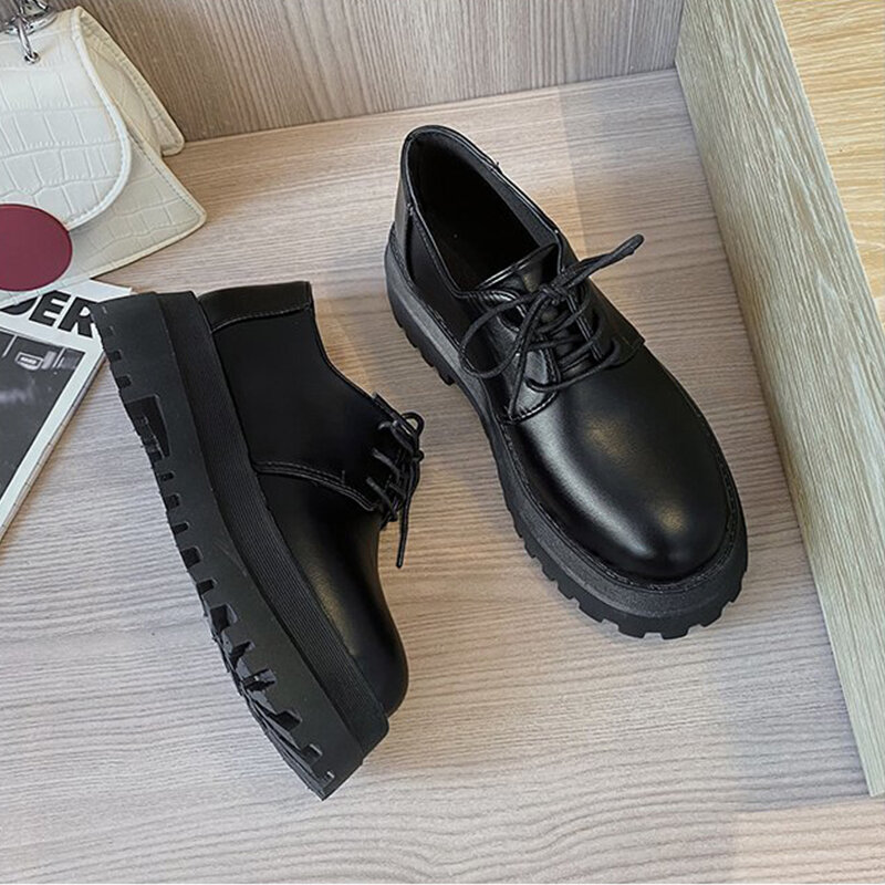 Women Oxfords Shoes 2021 Spring High Platform Black Leather Shoes Lace up Vintage Thicken Soled lolita Ladies Student Shoes
