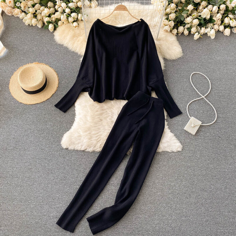 Female Autumn Winter Knitted Sweater Set Casual Loose Batwing Sleeve Pullover Tops+High Waist Long Pants Two Piece Tracksuit