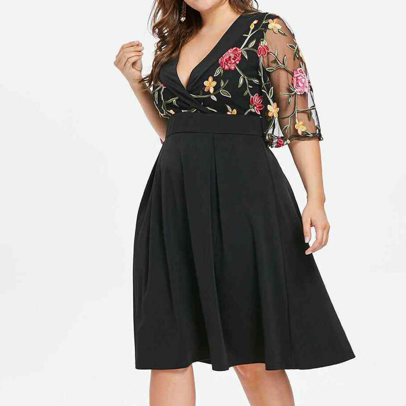 Sommer Kleid Mode Frauen Casual Stickerei Floral Kurzarm Plus Größe Solide Applique V-ausschnitt Party Kleid Vestido