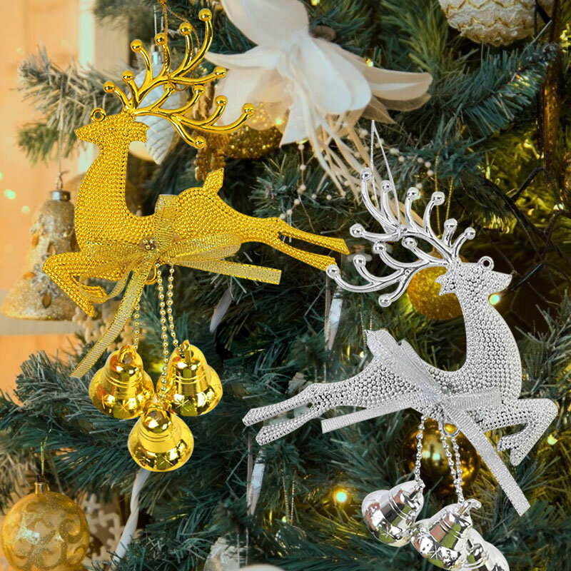 1Pcs Goud Zilver Rendier Pvc Elanden Kerstboom Hanger Ornament Leuke Herten Met Bell Diy Kerst Decor Kids Gift noel