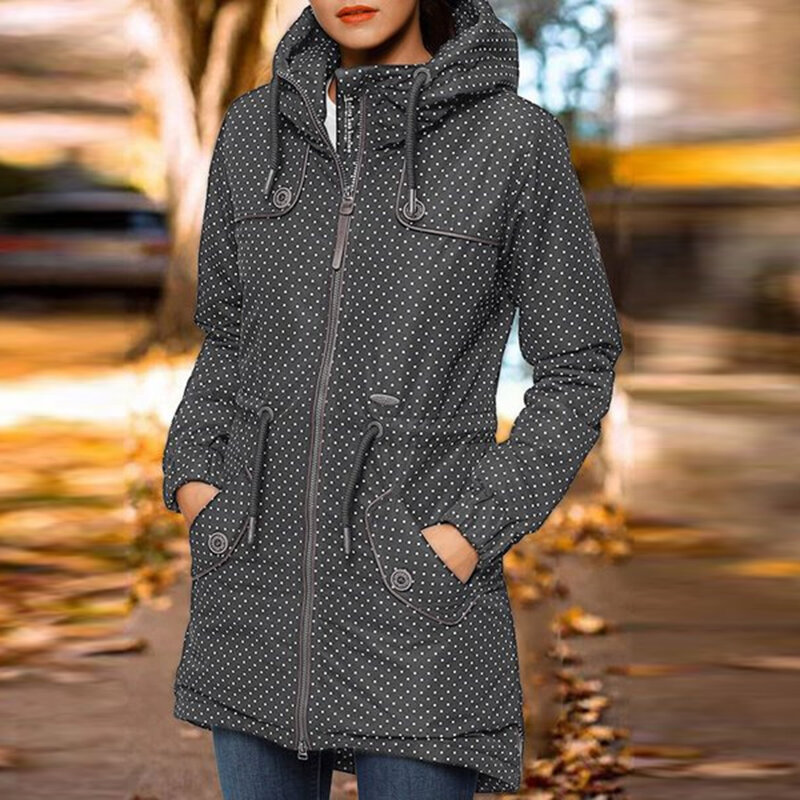 女性用長袖ルーズフィットジャケット,コードとポケット付き,カジュアル,レトロ,水玉模様,秋冬