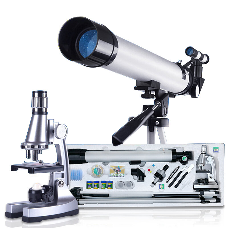 Refraktor Teleskop & 1200X Anak-anak Mikroskop Set Kids Belajar Anak Hadiah Mainan Pendidikan Anak-anak DIY Kit