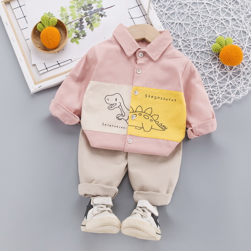 Children's clothing boy shirt thin section 2021 new autumn long-sleeved breathable lapel children's shirt dinosaur top trousers