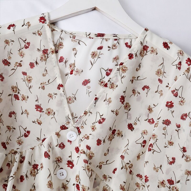 Damski dekolt w serek modne kwiatowe wzory szyfonowe bluzki słodki mały świeży długi rękaw bluzki z szyfonu