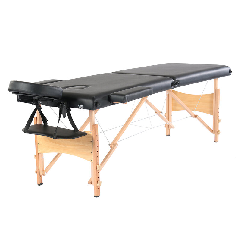 84" 2 Sections Folding Portable Beech Leg Beauty Massage Table 60CM Wide Adjustable Height Black Salon Foldable Massage Bed