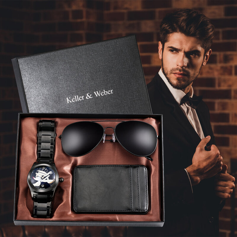 Bestwin luxo masculino relógios titular do crédito carteira óculos de sol presente conjunto tendência legal quartzo relógio de pulso aço inoxidável criativo
