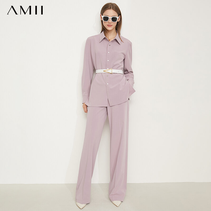 Amii Set Wanita Minimalis Baju Berkancing Wanita Kantor Blus Elegan Setelan Celana Kaki Lebar Pinggang Tinggi Dua Potong Set 12130380