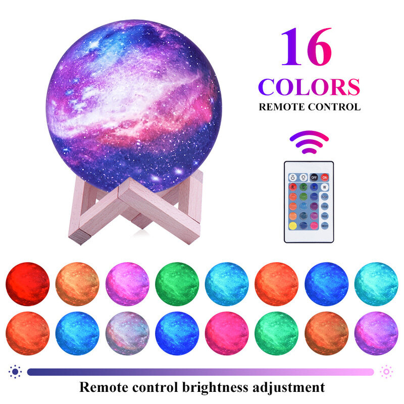 Lámpara de luz de Luna 3D para niños, luz nocturna recargable táctil de 16 colores, con Control remoto, con soporte de galaxia