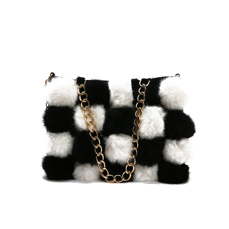 Small Bag Women Autumn and Winter Furry Bag Tide Simple One-shoulder Girl Cute Plush Bag Messenger Bag Black and White Stitching