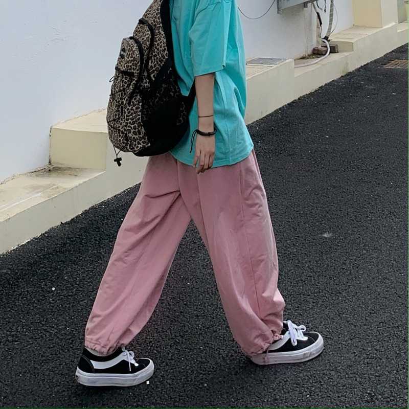 Pantalones rosas de pierna ancha para mujer, pantalón de chándal deportivo de estilo japonés coreano con cordón, tobillero, holgado, para ocio, novedad de verano