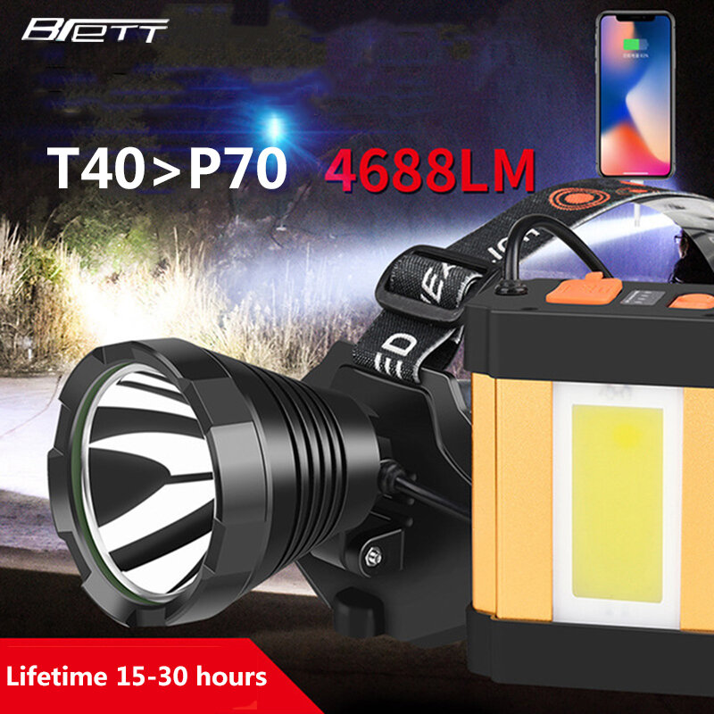 LED Headlight T40 lamp  4688 Lumens Cree xhp70 Use 18650 Battery Outdoor Camping Fishing Head Mounted Night Ride Bicycle Light