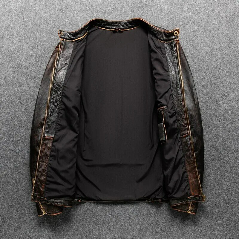Винтажные классические мотоциклетные куртки, мужская кожаная куртка, 100% натуральная телячья кожа, толстая мотоциклетная куртка, зимняя Бес...