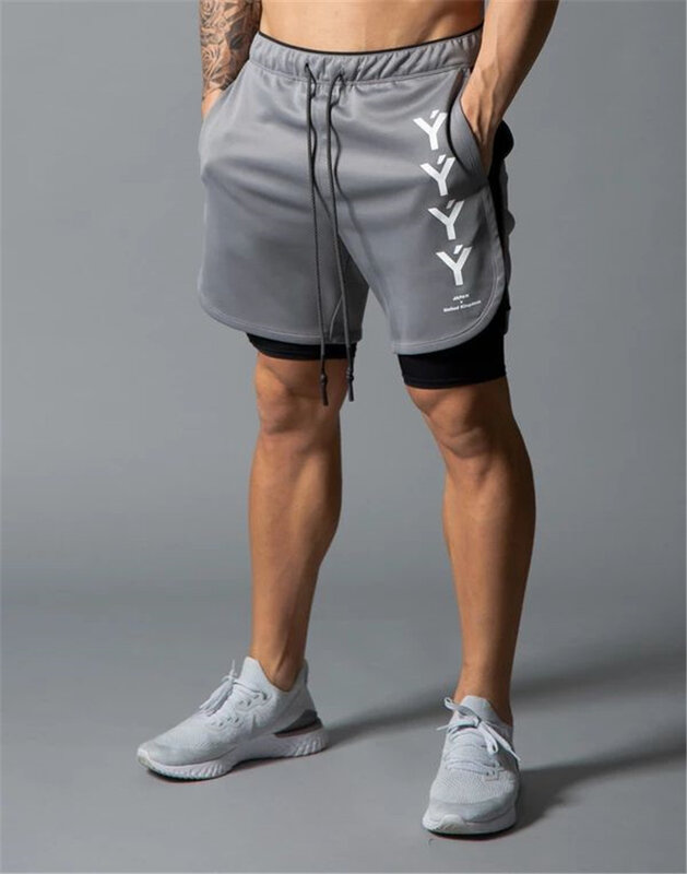 Pantalones cortos de doble cubierta para hombre, Shorts deportivos para gimnasio, correr, Fitness, culturismo, entrenamiento, gimnasio, M-XXL