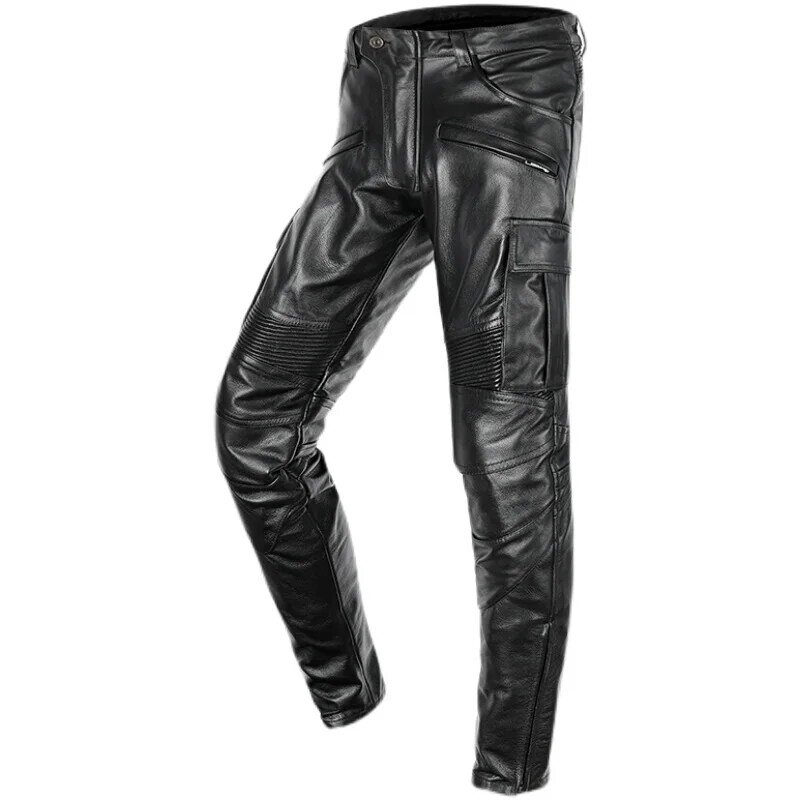 Pantalones negros de estilo americano para hombre, pantalón de cuero Real Natural, talla grande 4XL, grueso, de cuero de vaca, para motociclista, 2021