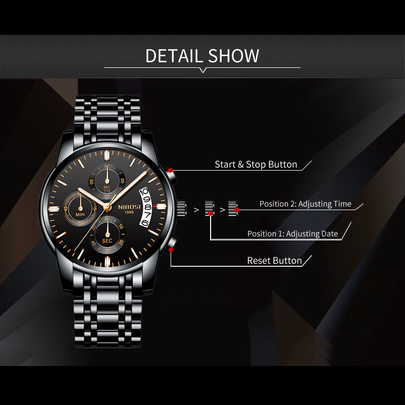 Nibosi men watch 2019 marca de luxo aço inoxidável relógio à prova dwaterproof água moda calendário analógico quartzo negócios masculino relógio de pulso