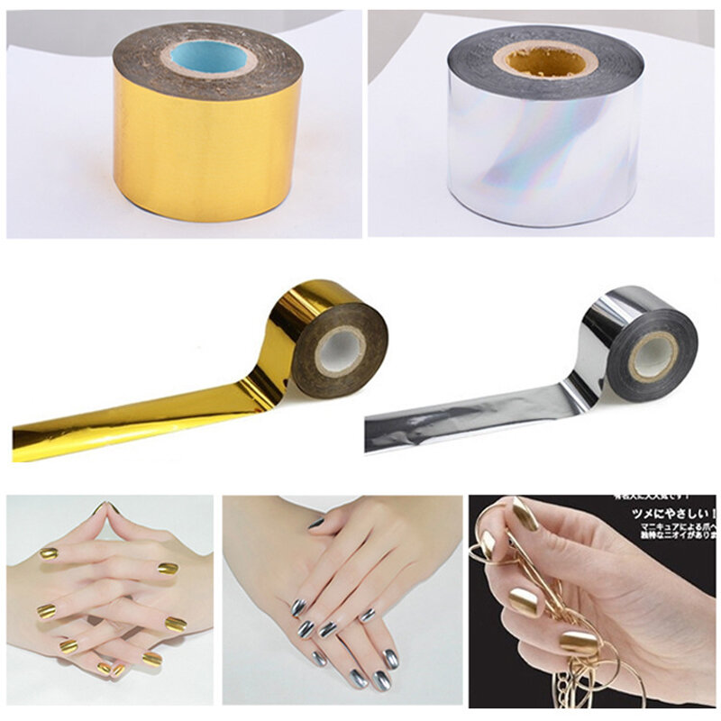 1Pcs Gold Sliver Spiegel Nagel Folie Sticker Slider Holographics Nail Decals Voor Wraps Lijm Manicure Decoratie Nail Papier