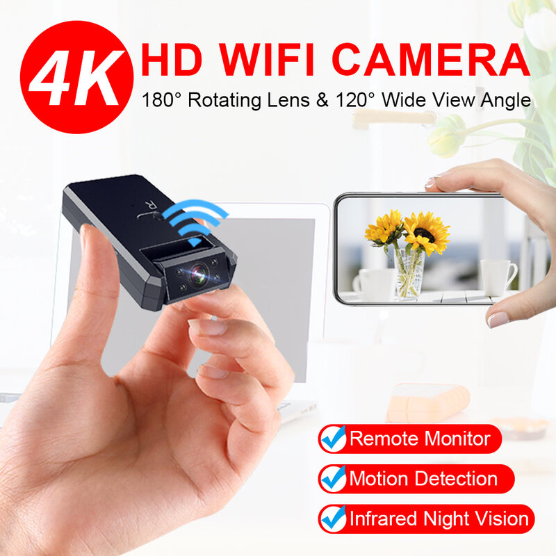 미니 카메라 와이파이 4K HD 180 도 회전 무선 스마트 홈 나이트 비전 DVR, 모션 감지 소형 비디오 IP 캠코더