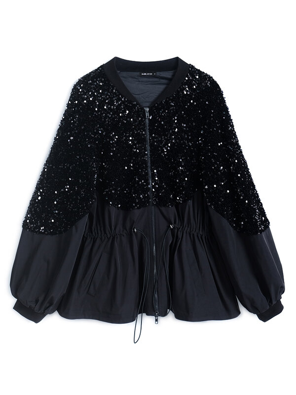 Fashionable new temperament V-neck stitching heavy industry sequined zipper waist drawstring loose jacket