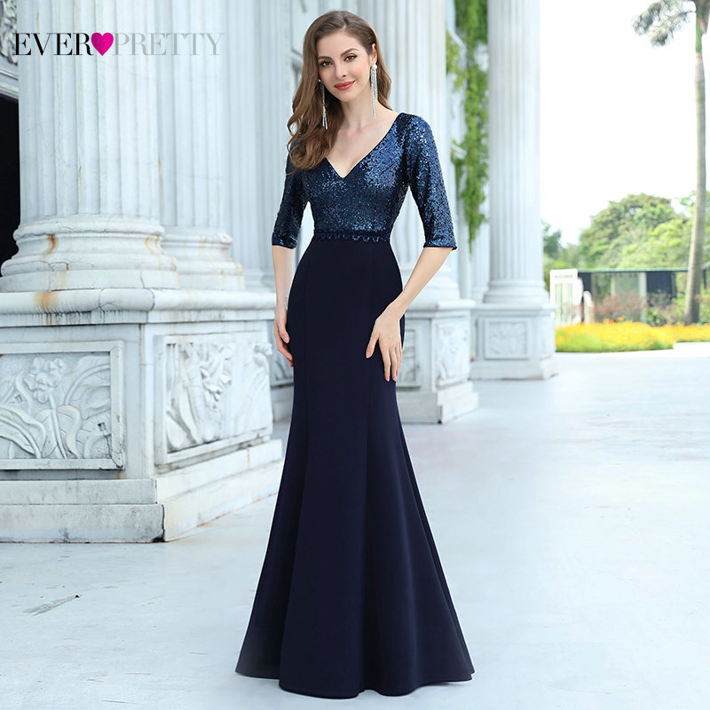 Вечернее платье с пайетками Ever Pretty EP00556NB, элегантное темно-синее вечернее платье с v-образным вырезом и рукавом до локтя, Vestido Longo