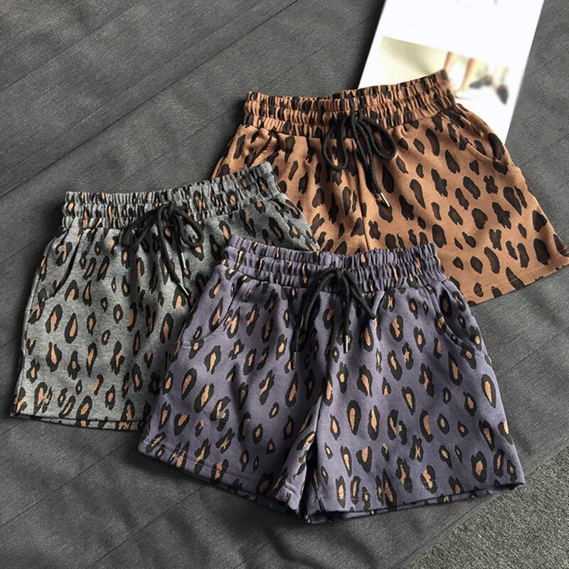 Calção feminina casual de verão, calções para mulheres, sexy, leopardo, pernas largas, cintura elástica, roupas femininas
