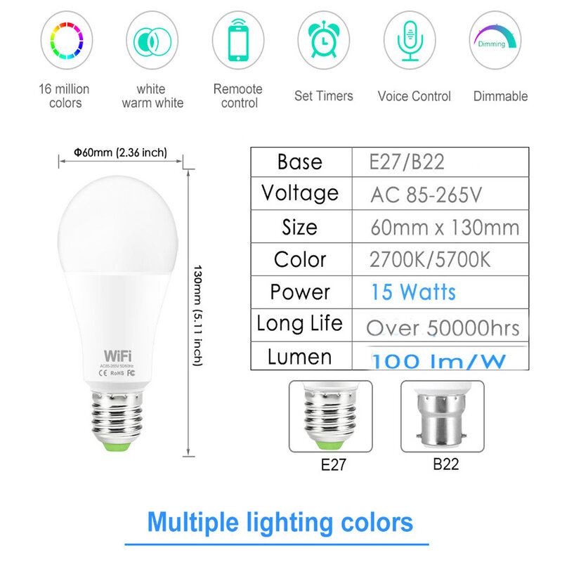 Smart Light Bulbs WiFi Dimmable Color Changing LED Bulb E27/B22 15W Remote Control White+RGB Lamp Works with Alexa &Google Home