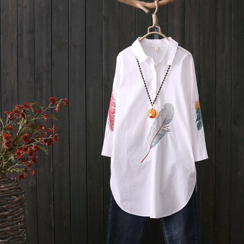 Blusa larga de algodón con manga 100% para mujer, camisa holgada de talla grande con bordado de plumas, con botones, para trabajo y oficina, 3/4