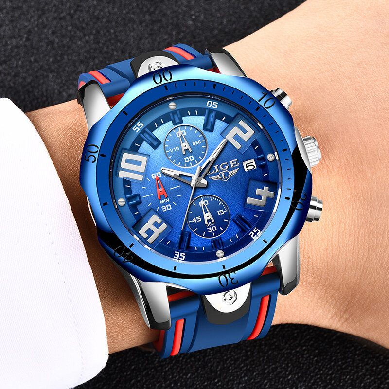 LIGE 2020 Neue Männliche Gold Uhren Top Marke Luxus Silikon Wasserdichte Uhren Herren Mode Sport Chronograph Quarz Männer Uhr + box