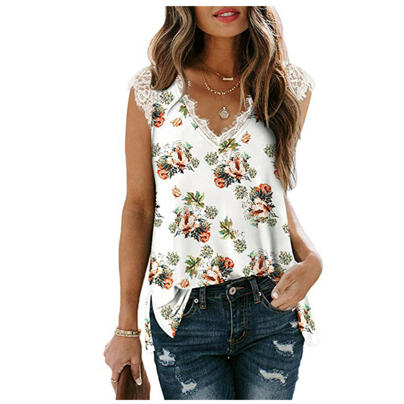 New 2021 Summer Flower Printed Blouse Shirt Casual V-Neck Sleeveless Loose Blouses Ladies Lace Patchwork Women Tops Pullover