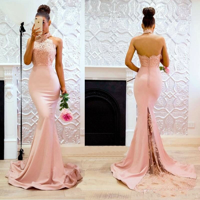 Blush Pink Mermaid Bridesmaid Dresses Halter Lace And Satin Maid Of The Honor Gowns Back Buttons Yong Girls Wedding Guest Dress