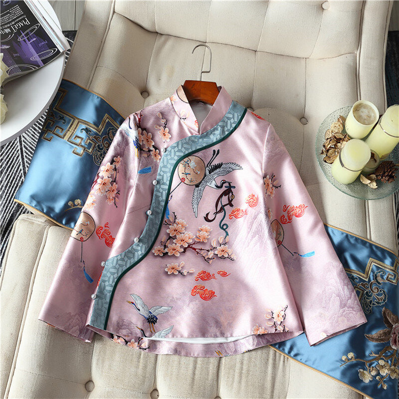 2021 중국 스타일 봄과 가을 새로운 복고풍 개선 cheongsam 재킷 재킷 스탠드 칼라 대비 색 Hanfu 재킷