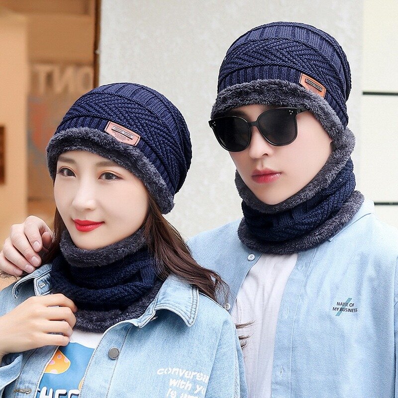3pcs/set Fashion  Knitted Hat Men Women's Winter 2021 Hats With Scarves And Touch Screen Gloves Thick Warm Beanie Hat Men Caps