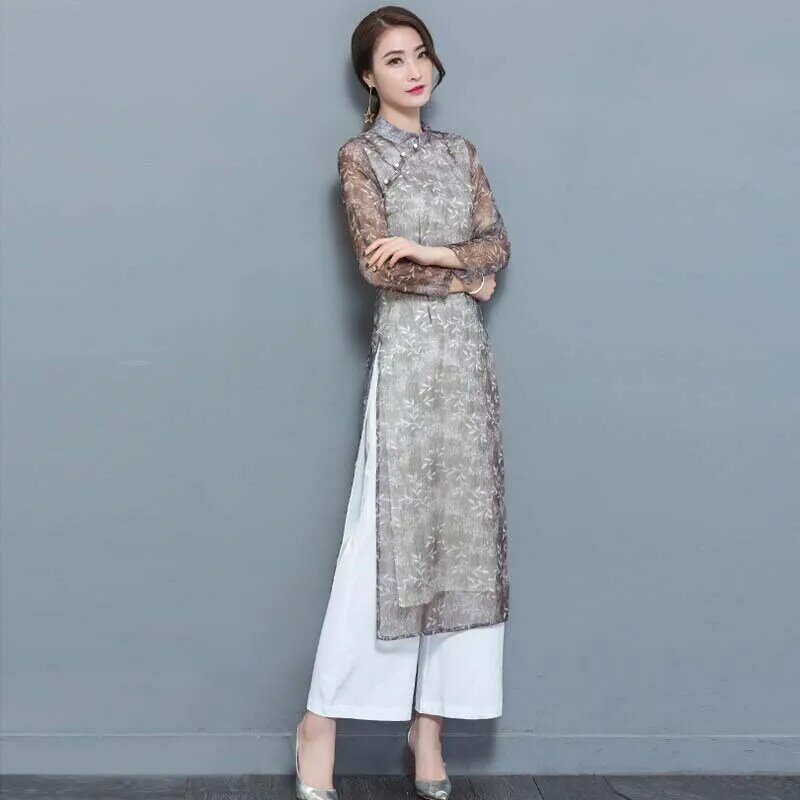 Costume Cheongsam en soie de haute qualité, 2 pièces, ourlet fendu, Slim, Style National rétro, manches neuf quarts, sous le pantalon en mousseline de soie