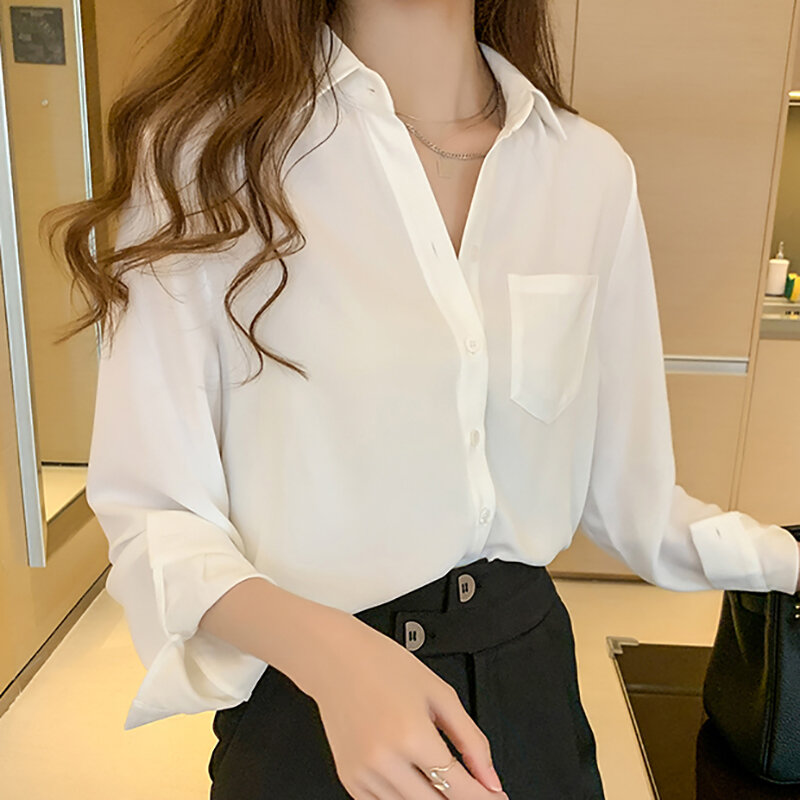 Shintimes-Camisa blanca de manga larga para mujer, cárdigan con bolsillos y botones, ropa de otoño, Blusa de gasa, Tops Chemisier para mujer 2020