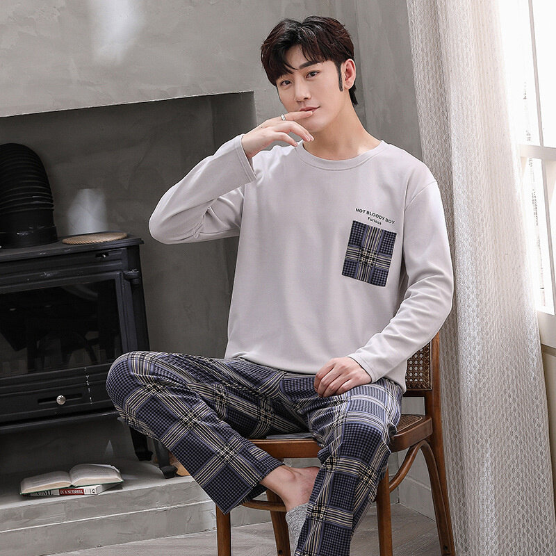 Pajamas men's autumn and winter pure cotton long sleeved trousers new round neck simple leisure home clothes large externally