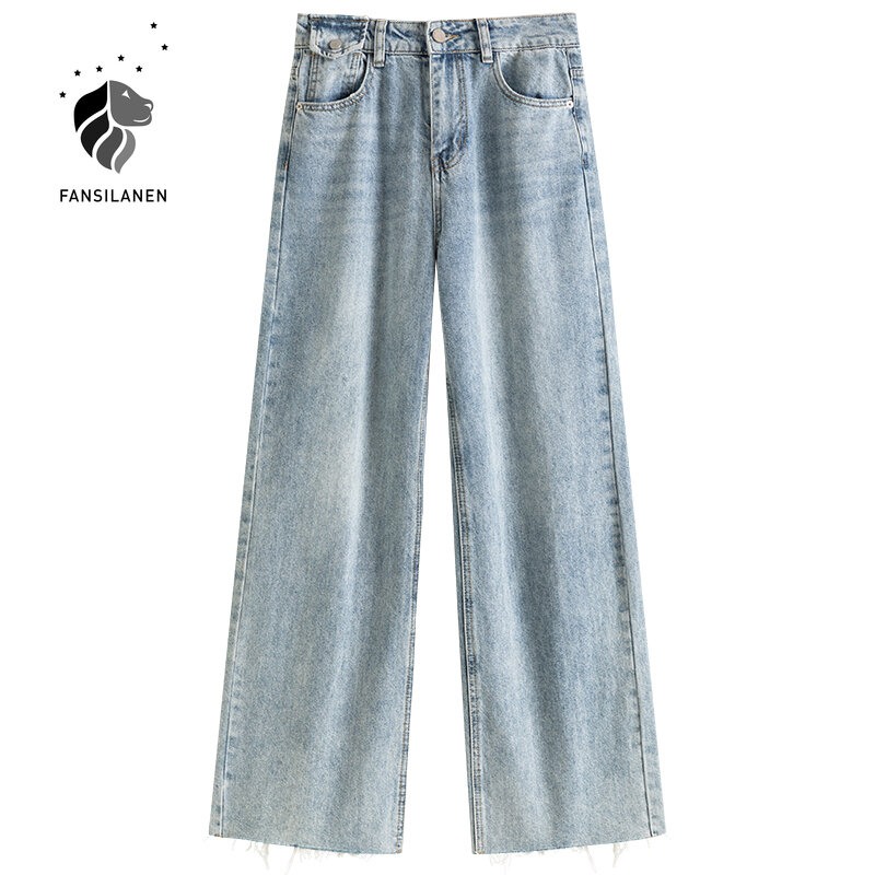 Fansilreceptor de jeans feminino, calça jeans larga de cintura alta com borla, rasgada, para primavera 2021