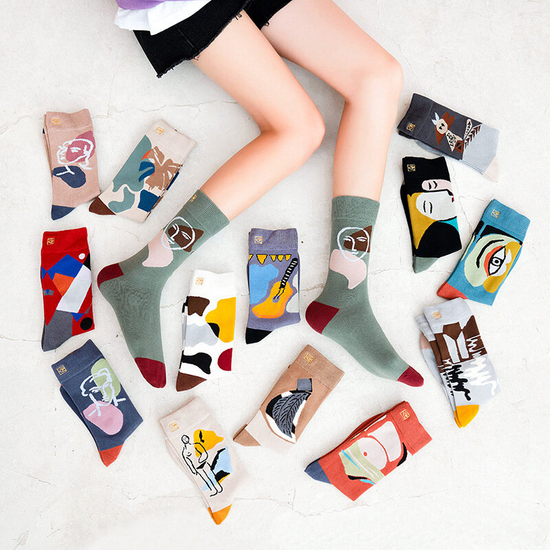 Instime 2020 Autumn New Crew Socks Women Cotton Cool Contrasting Color Graffiti Character Streetwear Size 36-40