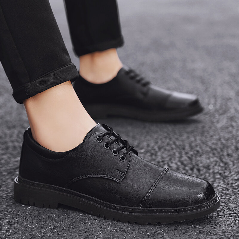 Zapatos de negocios con cordones para hombre, calzado informal de cuero, hecho a mano, transpirable, fondo suave, bajo, negro