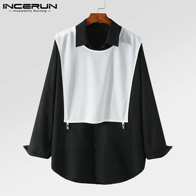 Camisa de dos piezas para hombre, blusa de diseño de punto falso, informal, estilo coreano, Camisa chal, chalecos de manga larga, S-5XL INCERUN