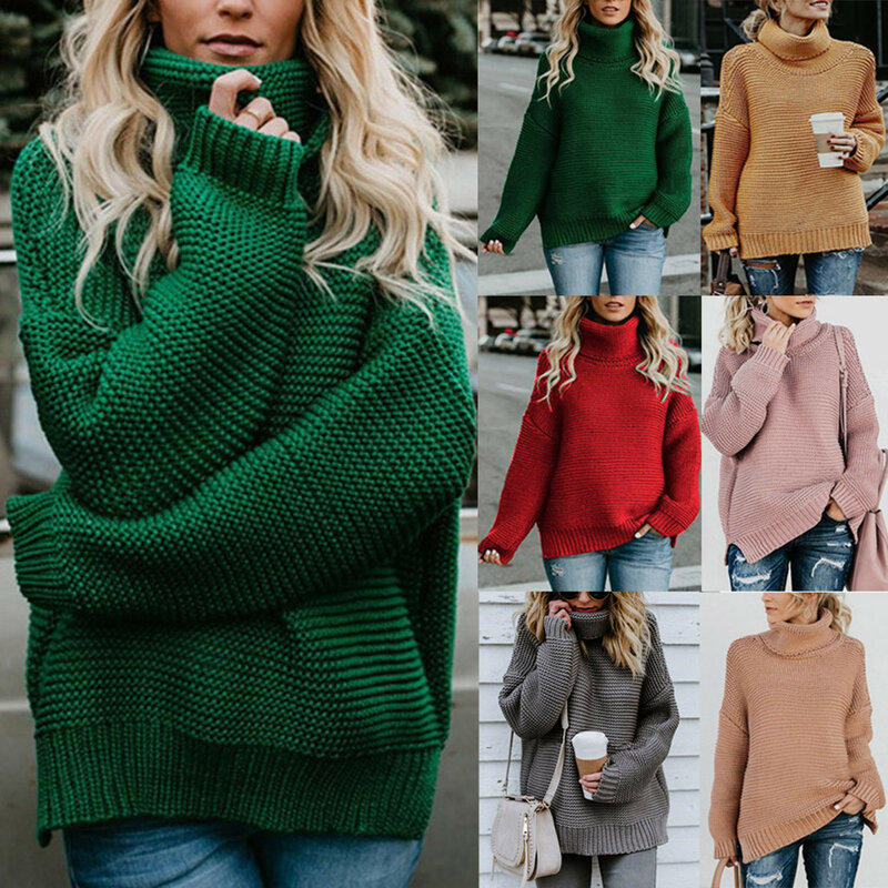 Женский пуловер с высоким воротником, теплая вязаная водолазка оверсайз, свитер для женщин, зеленые топы для осени и зимы