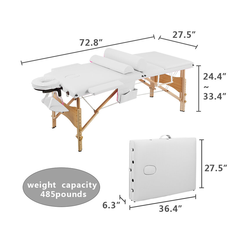 Портативный массажный стол, складной, 3 секции, 84 дюйма, 212x70x85 см, белый/черный