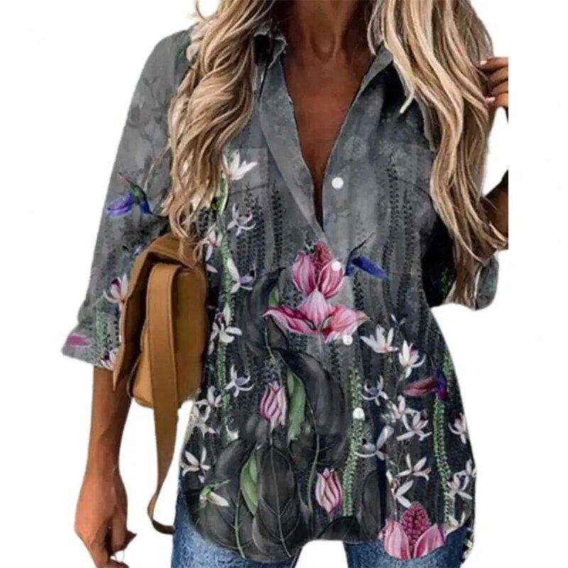Loose Shirt Turn-down Collar Single-breasted Shirt Streetwear Floral Print Women Shirt Blouse for Daily Wear