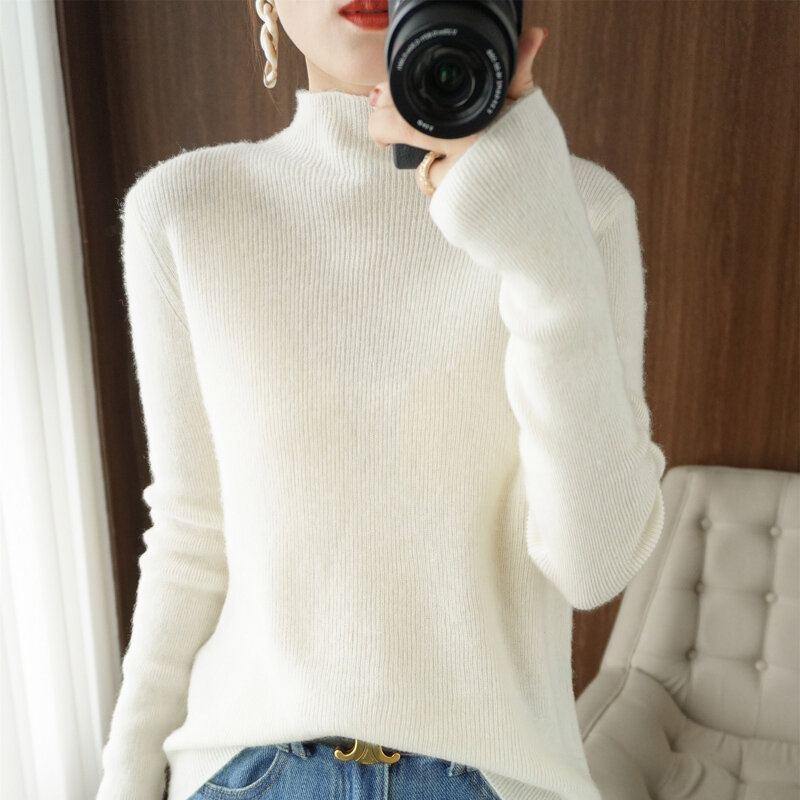 Sweater 2021 Autumn Winter New Female Semi-High Neck Solid Color Pullover Simple Iong-Sleeved Slim Slimming Wool Bottoming Shirt