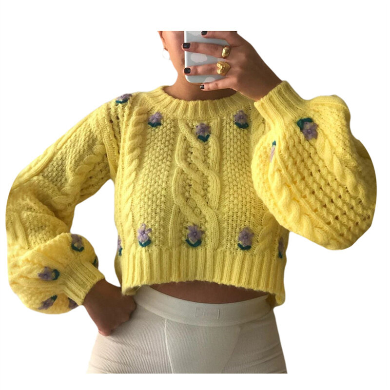 Женский трикотажный свитер с длинным рукавом, круглым вырезом и цветочным принтом