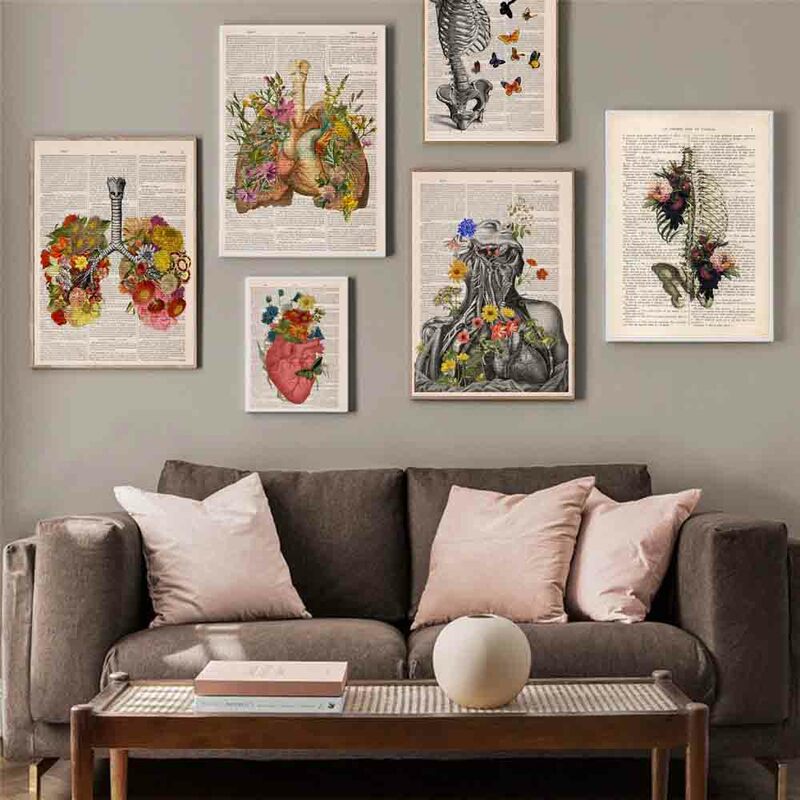 Retro art abstract canvas painting human organs poster science and education wall painting classroom corridor decorative mural