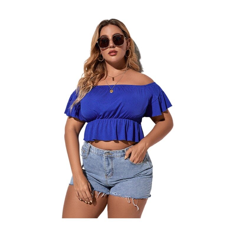 SCSTRONGER Summer Plus Size Blue Sexy Women's Strapless Short-Sleeved Shirt Temperament Casual Shirt Blusas Feminina Verao 2021