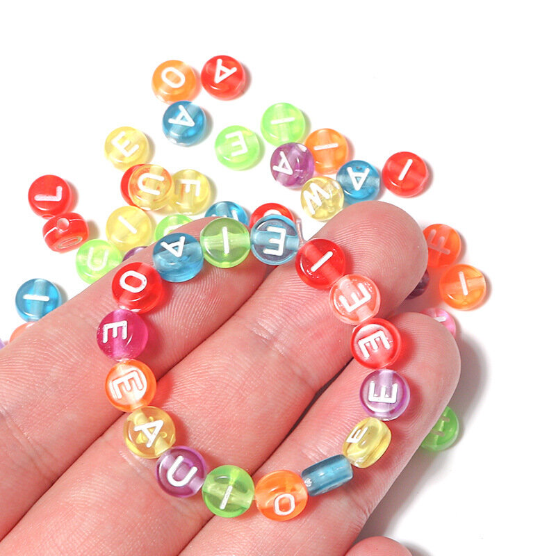 100pcs/Lot Acrylic  Transparent Bottom Mixed Color English Letter Beads 4 X 7mm Flat Round Loose Beads Manual DIY Accessories