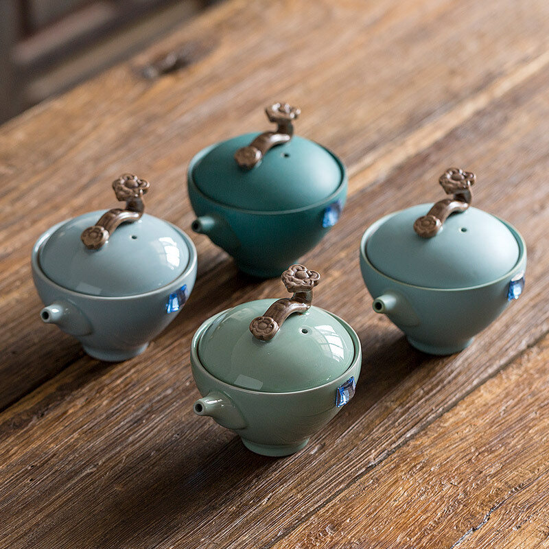 Service à thé de voyage vert en plein air, 1 Pot 2 tasses, service à thé de styliste chinois, théière en céramique avec sac Portable, cadeau d'affaires pour ami