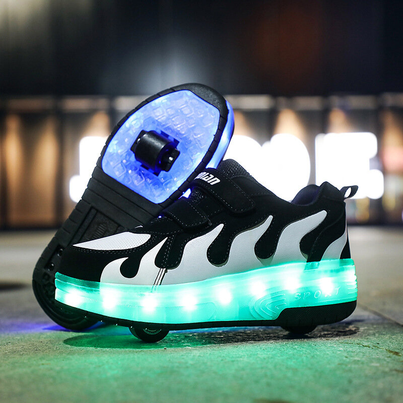 2020 New Glowing Sneakers on Wheels USB Charging Luminous Shoes Wheels LED Flashing Double Wheels Roller Skates Size 28-40
