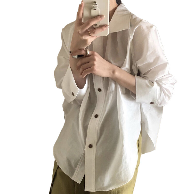 Blusa feminina manga longa com lapela, moda coreana nova blusa solta simples casual com lapela de cor sólida para outono 2021