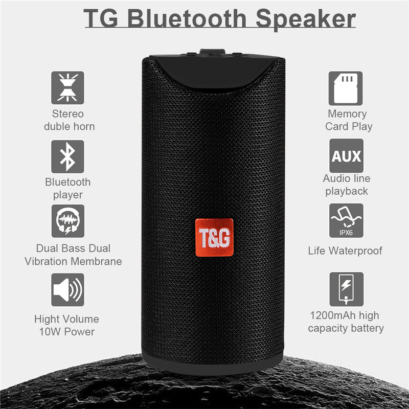 TG Bluetooth Speaker Portable Outdoor Loudspeaker Wireless Column 3D Stereo Music Surround Support FM TFCard 10W Bass Box TG113
